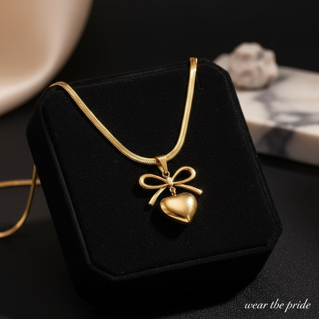 Gold Plated Anti Tarnish Bow Knot Heart Themed Pendant
